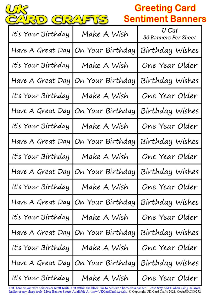 5 x A4 Sheets – 250 General Birthday Sentiment Banners – U Cut by UK Card Crafts