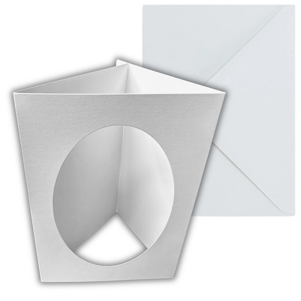 10 Pack A6 White Oval Aperture Card Blanks & Envelopes, Tri-Fold - 300gsm - UK Card Crafts