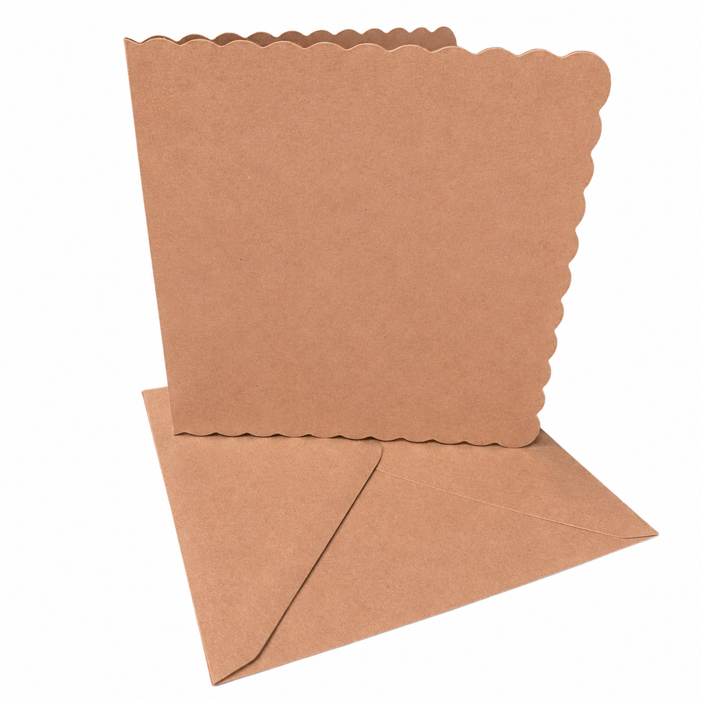 50 Scalloped 6x6 Brown Kraft Card Blanks With Envelopes - Eco Friendly & Recyclable