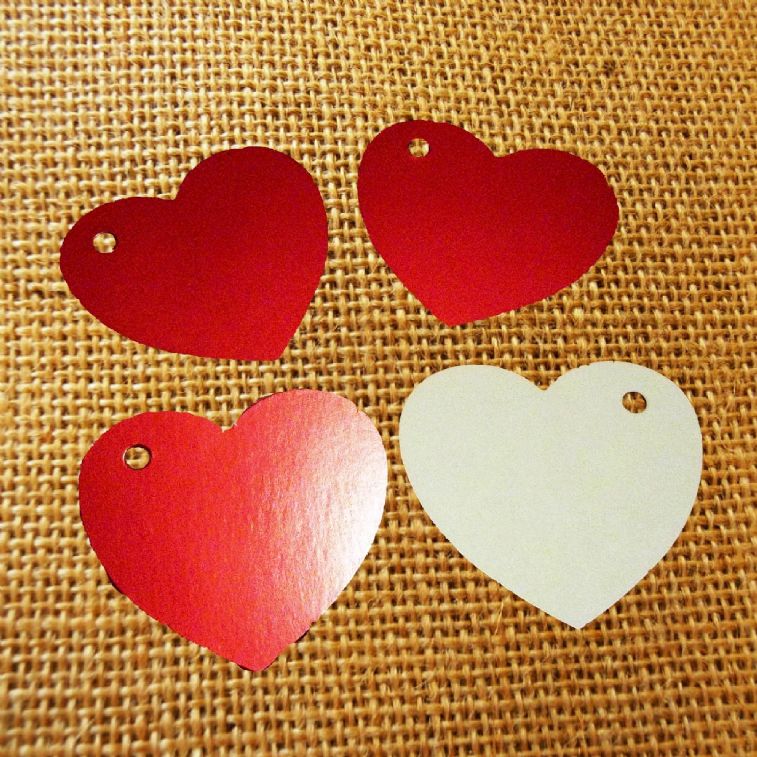 100 Heart Tags In Red  Valentines  Wedding  Wish Tree Tags. No Ribbon Or String.