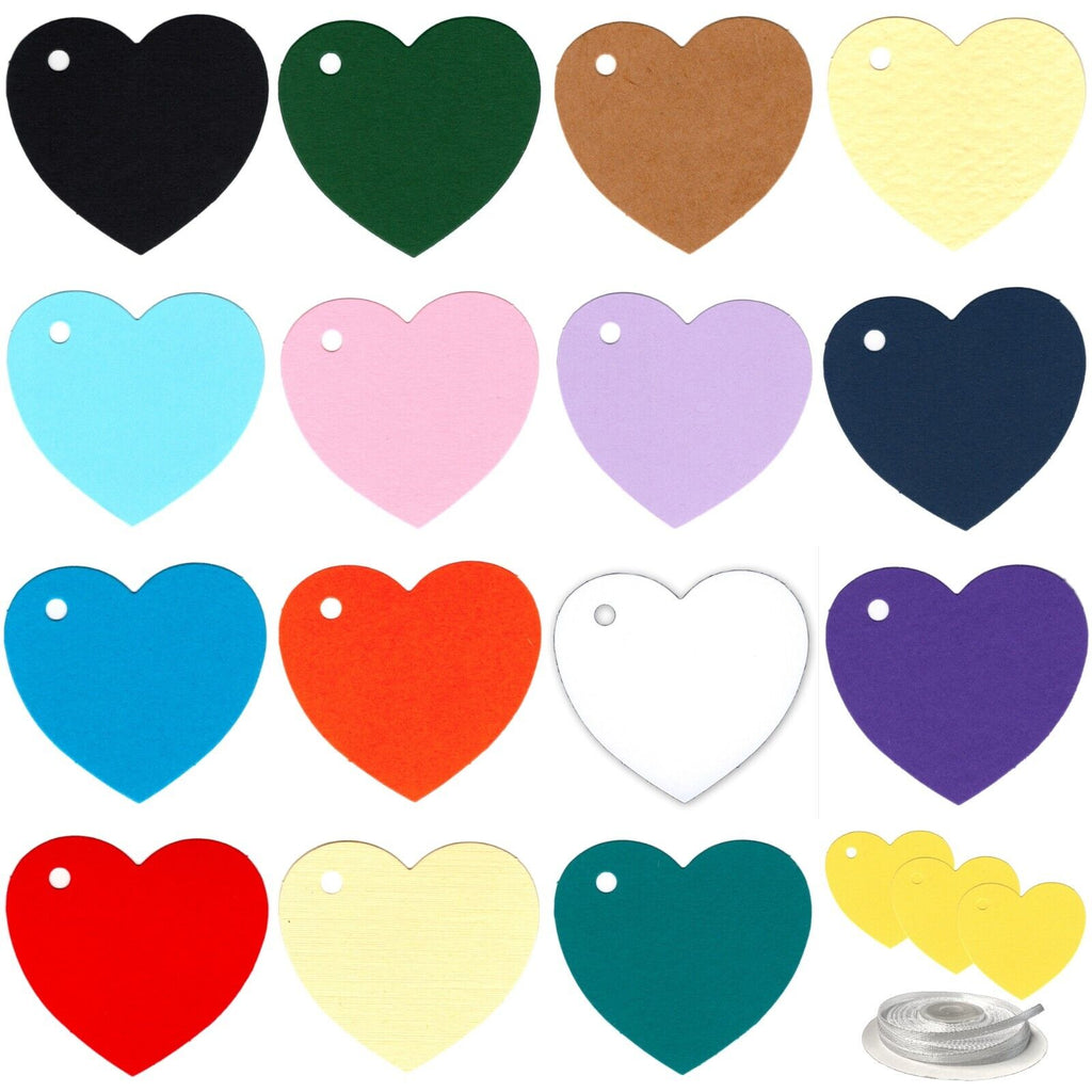 100 Heart Shaped Gift Tags with White Satin Ribbon -  21 Colours, Birthday Xmas